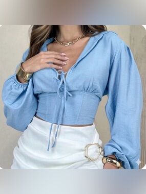 NEW AB Boutique | Blue Corset Top - Puff Sleeves & Smocked Back - M
